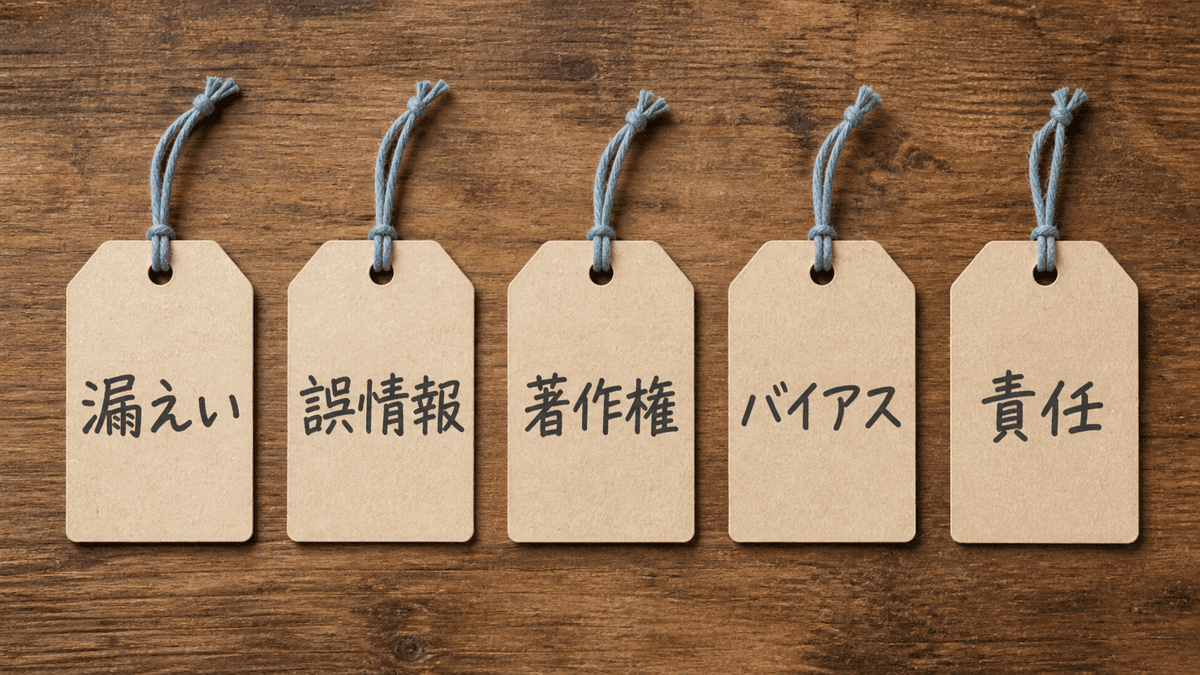 AIの主な問題点を情報漏えい・誤情報・著作権・バイアス・責任の所在の5つに分類して並べた図解