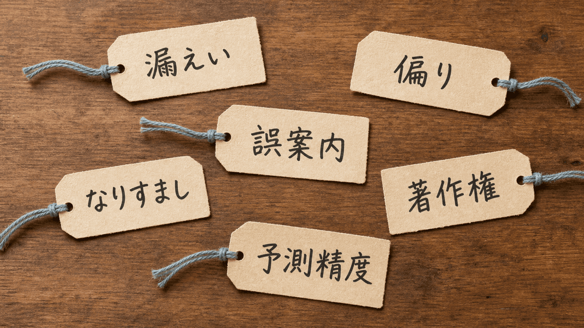 6つのAIトラブル事例を情報漏えい・バイアス・誤案内・なりすまし・著作権・予測精度の種類別に配置した俯瞰図