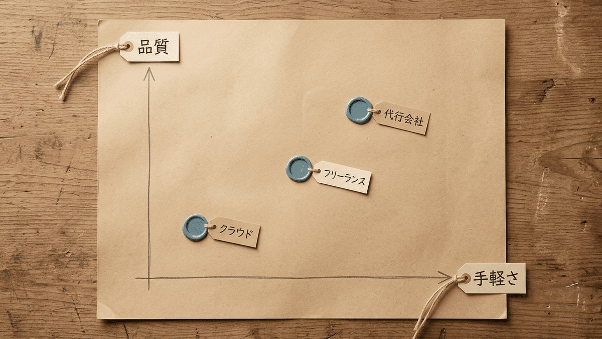 記事の依頼先3タイプを初期の手軽さと品質の安定という2軸で配置したマップ