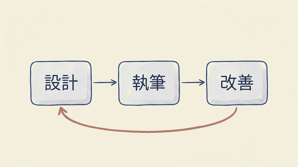 ブログ記事制作の6ステップが設計・執筆・改善の3段階に分かれて進む流れの図解