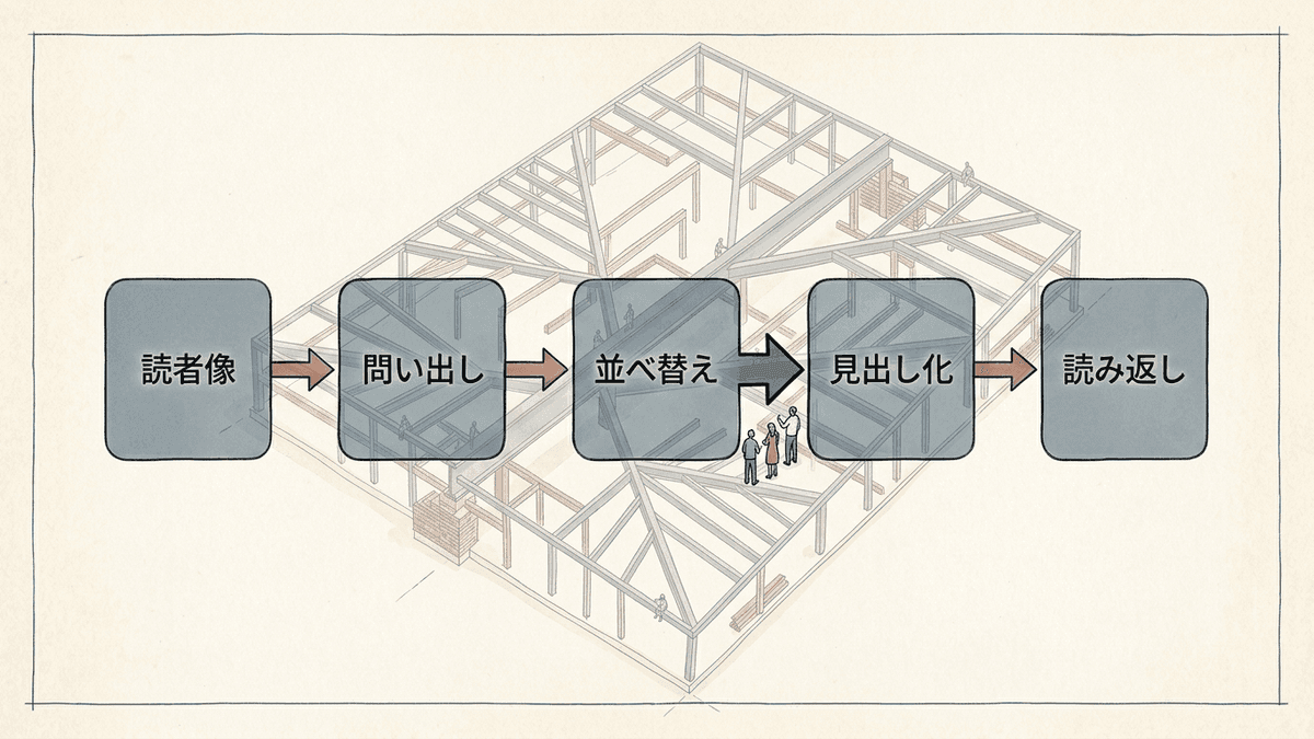 キーワードから読者の問いを経由して見出しを組み立てる5ステップのフロー図