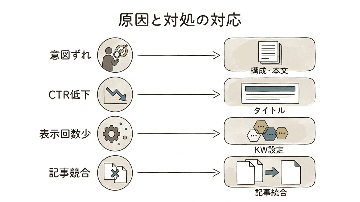 ブログ記事の順位が伸びない4つの原因と、それぞれで手を入れる場所を対応させた図