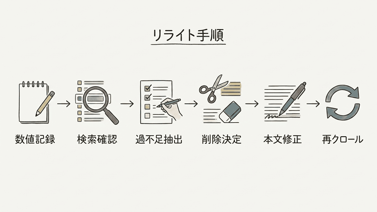 リライトの6つの手順を、着手前の記録から再クロールのリクエストまで一列に並べたフロー図