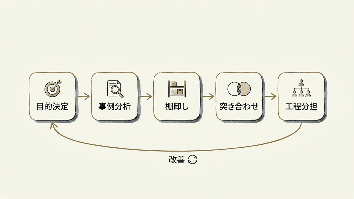ブログを成功事例に近づける5つの手順を示すフロー図