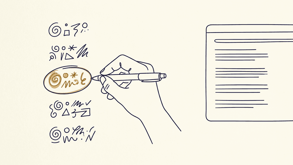 ノートに複数のタイトル候補を書き出して比べている手元と、その横に検索結果の画面が並んでいる様子のイラスト。