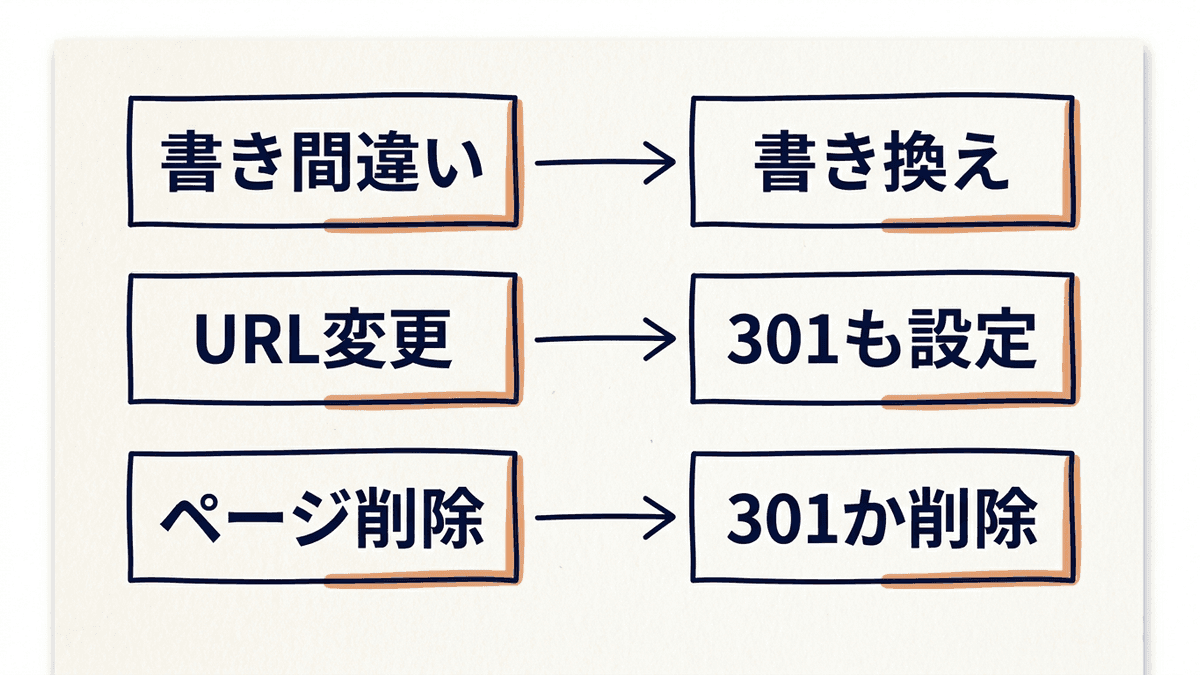 内部リンクのリンク切れの3つの場面と直し方を示す図