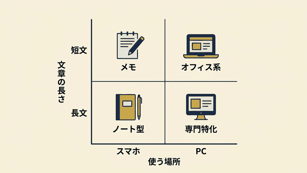 用途とデバイスで選ぶ文章作成アプリの早見