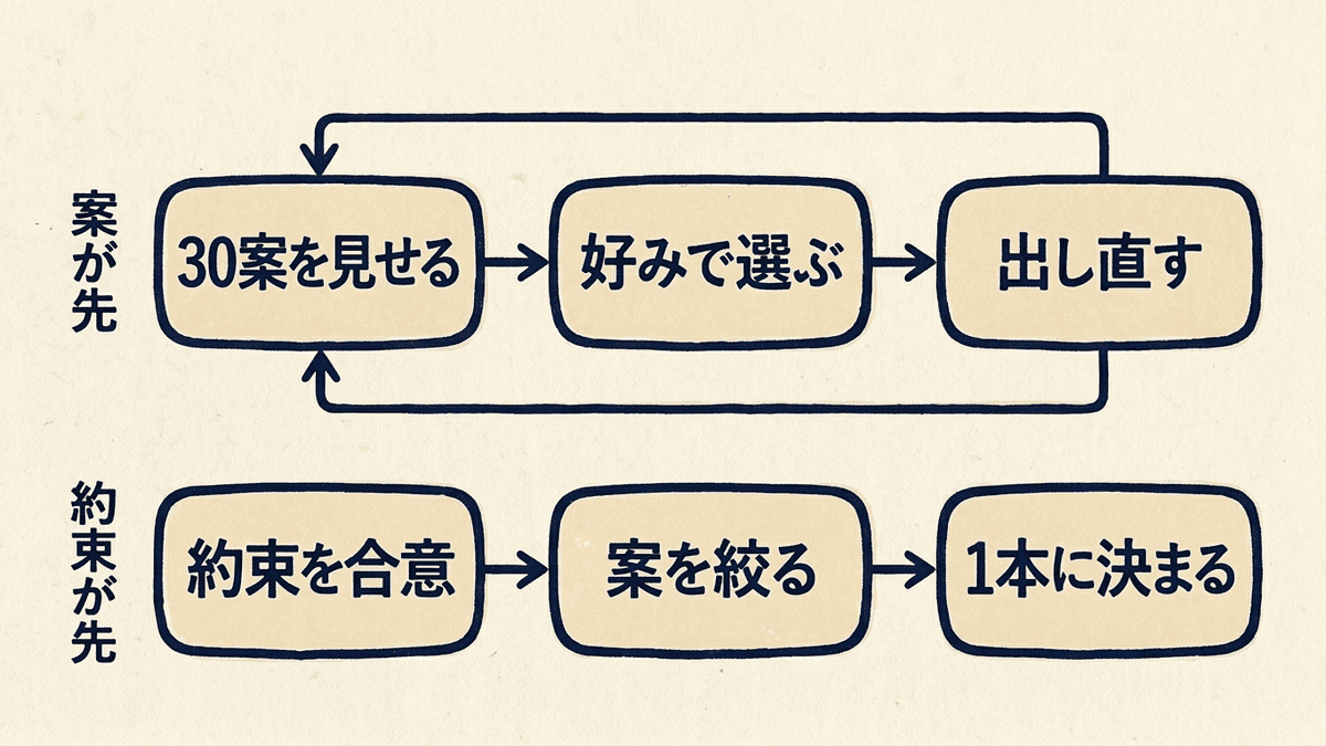 案を先に見せる進め方と約束を先に合意する進め方を比べた図