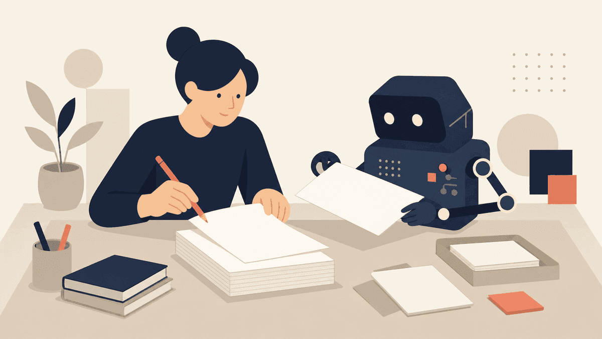 机の上で人が書いた原稿を、人の手とAIが並んで一緒に整えている様子を表したイラスト。