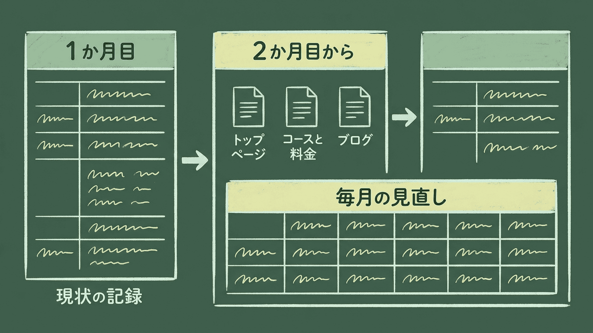 1か月目の記録と設計、2か月目からの実行、毎月の見直しの流れを示す図