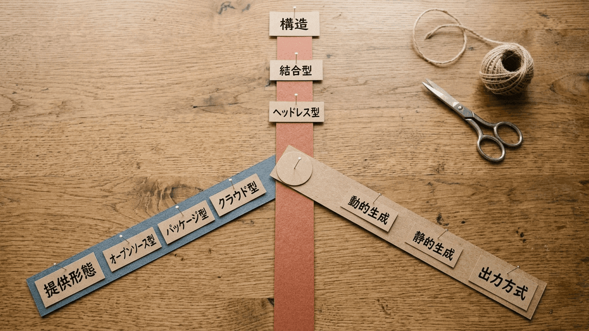 CMSの種類を提供形態・構造・出力方式の3軸に分けて示した図