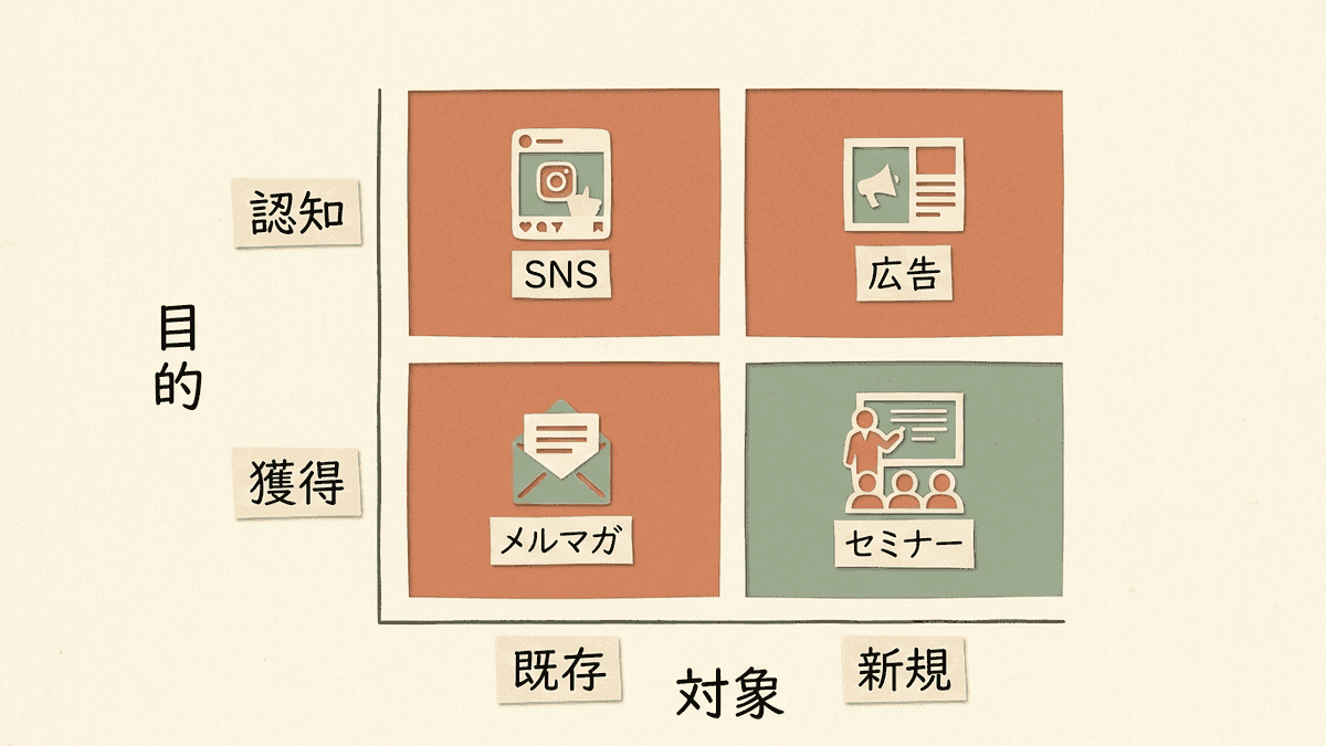 発信の目的とターゲットの掛け算で最適な手段を選ぶマトリクス図