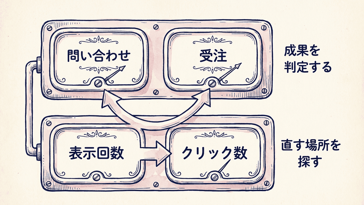 最終の成果と途中の指標を2段に分けた図