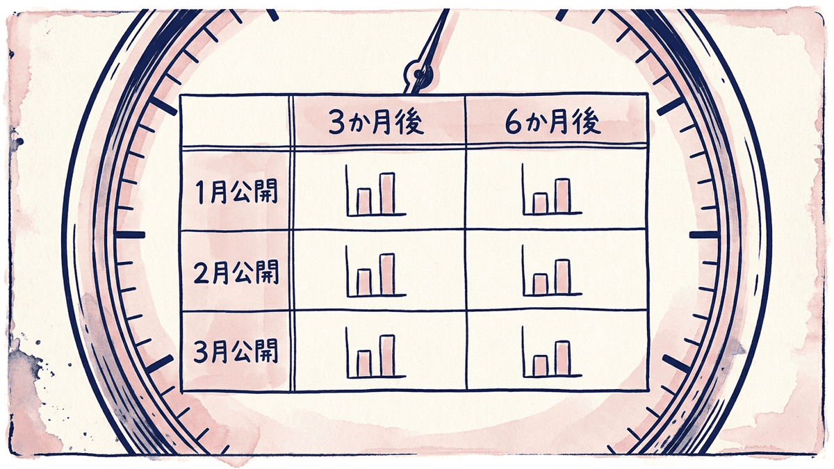 記事を公開した月ごとにまとめ、公開から3か月後と6か月後の数字を並べた表の図