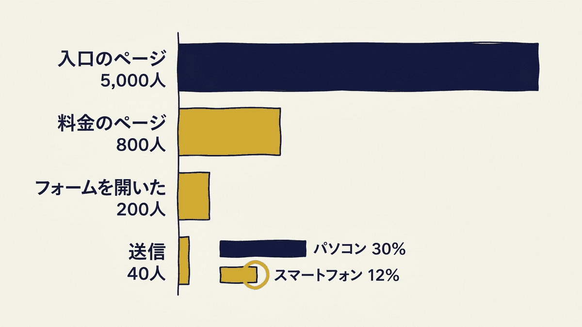 段階ごとの人数と通過率を並べ、端末で分けて低い段階を見つける図