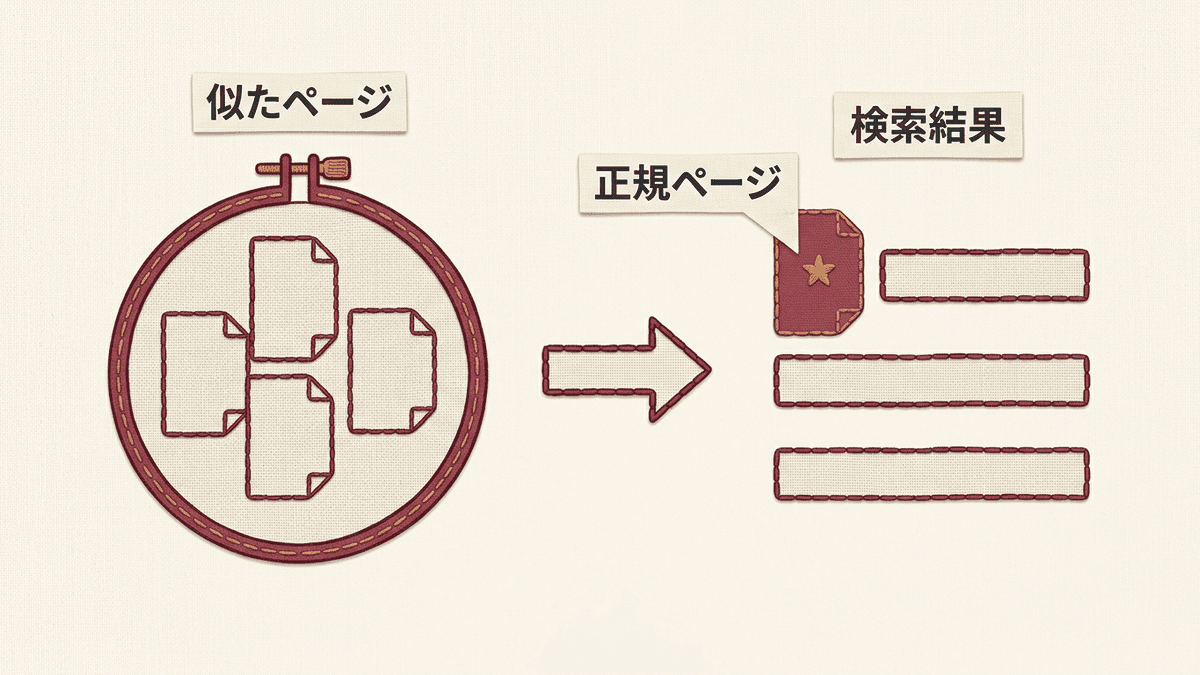 内容のよく似た複数のWebページをGoogleが1つのグループにまとめ、その中から1ページだけを正規ページとして検索結果に出す様子を示す図