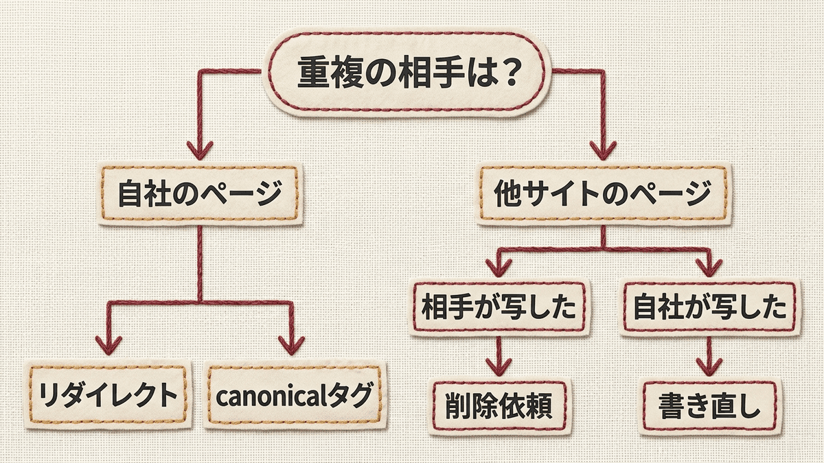 重複の相手が自社のページか他サイトのページかで、URLの指定、相手への削除依頼、記事の書き直しに分かれる対処の流れを示す図