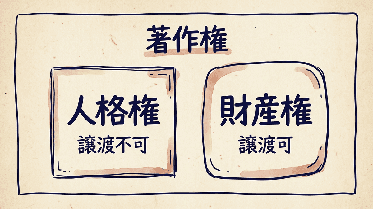 著作権を著作者人格権と財産権に分けて示した構造図