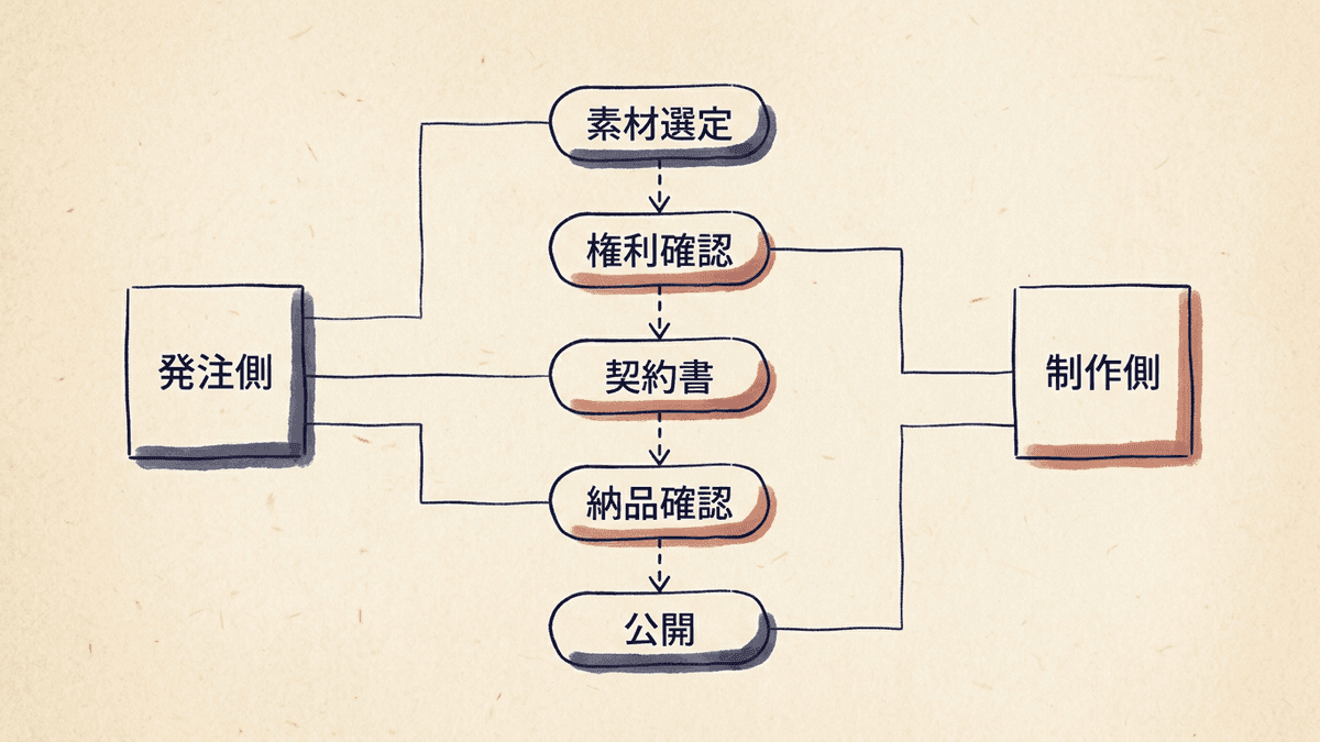 外注制作における権利処理の分担を工程順に示した図