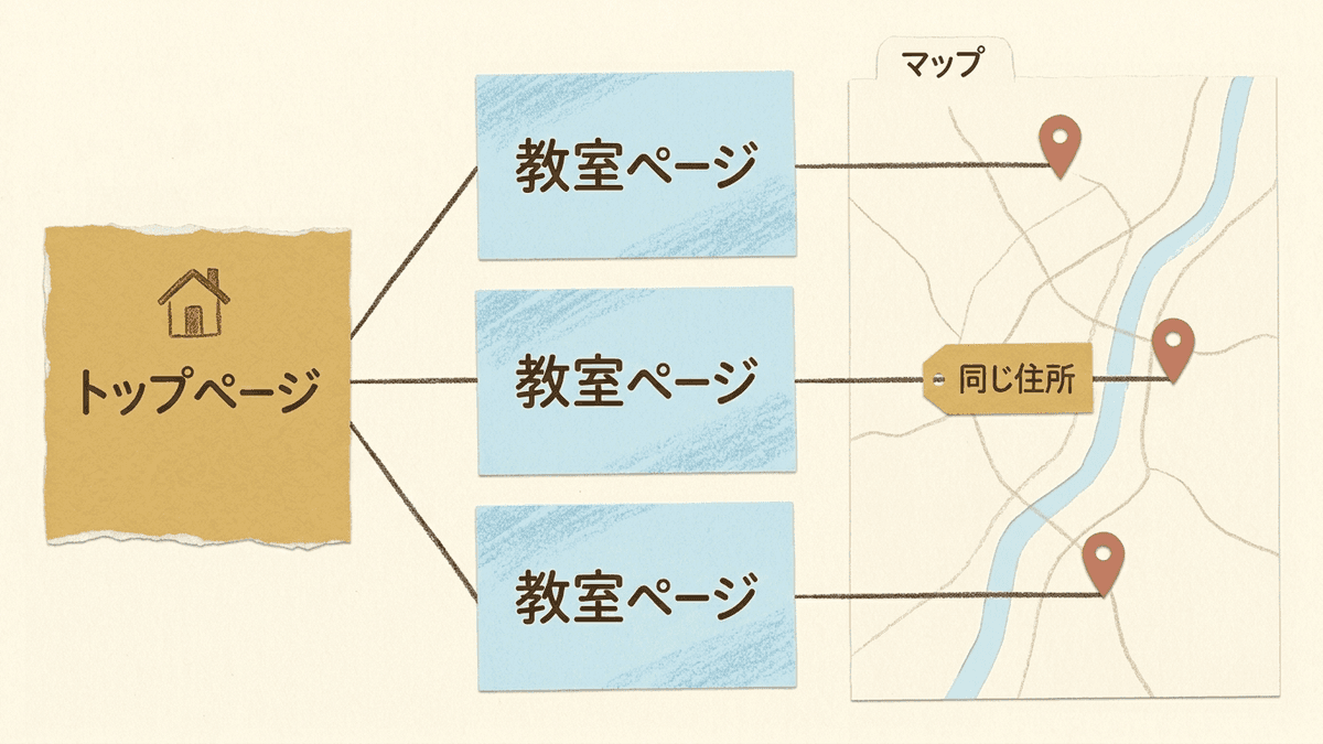 塾のサイトのトップページから教室ごとのページが分かれ、各教室のページとGoogleマップの教室の情報が同じ住所でつながっている図