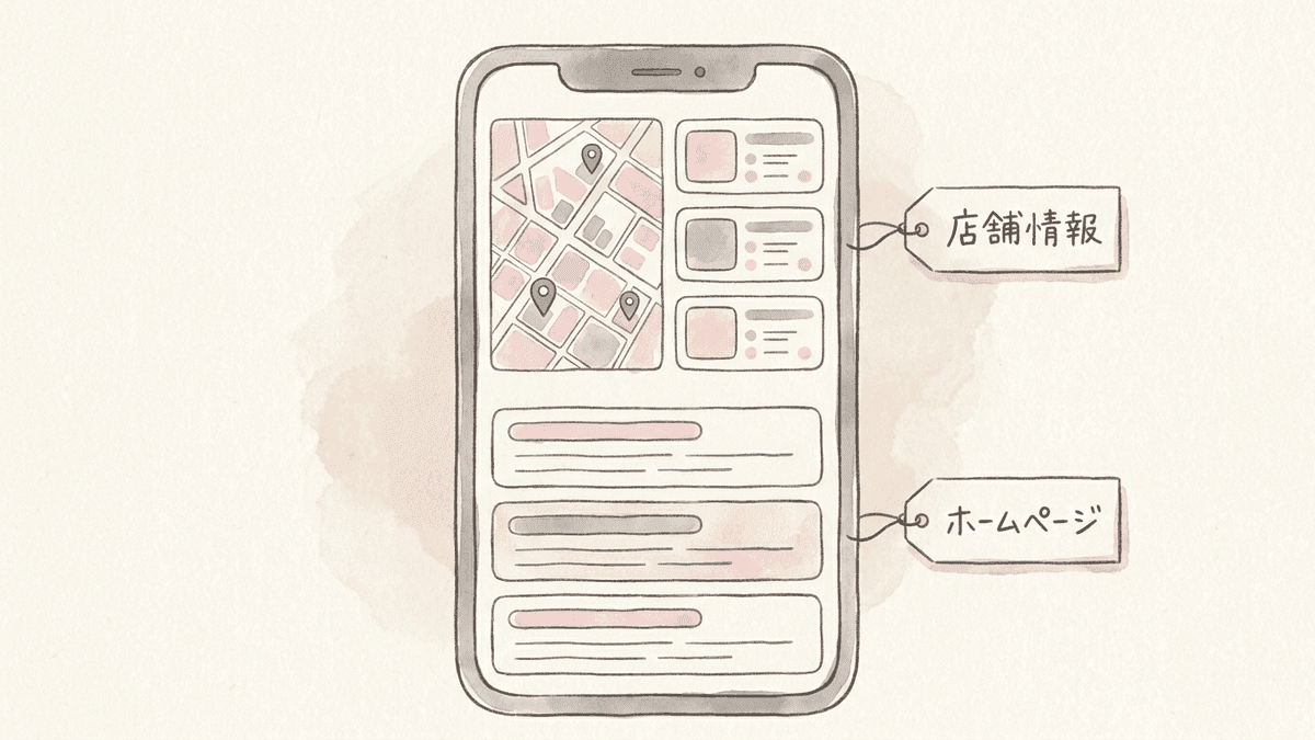 地域名と施術名の検索結果で、地図の店舗一覧と通常の検索結果の2つの場所にサロンが出ることを示した図