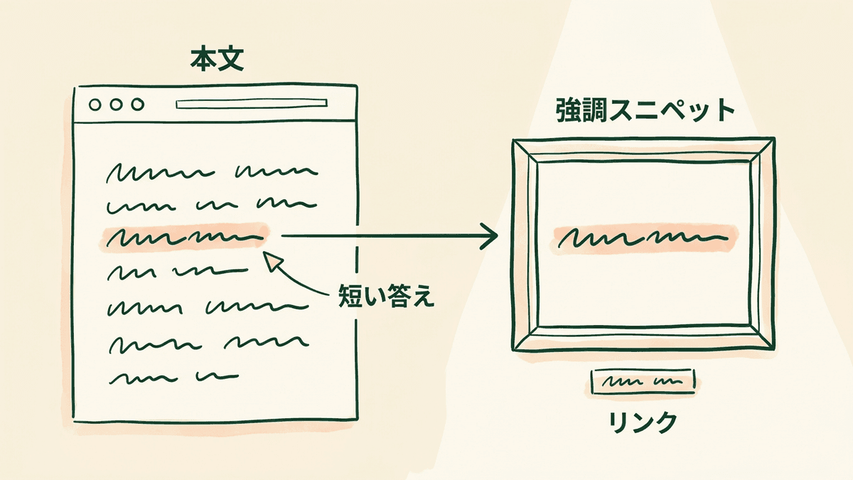 ページの本文にある短い答えの文章が、検索結果の強調スニペットの枠に抜き出される図