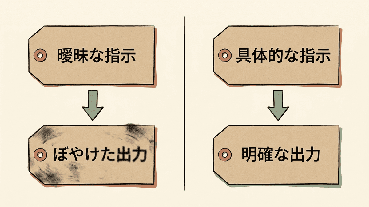 曖昧な指示と条件を書き足した指示で、Geminiの出力がどう変わるかを並べた比較図