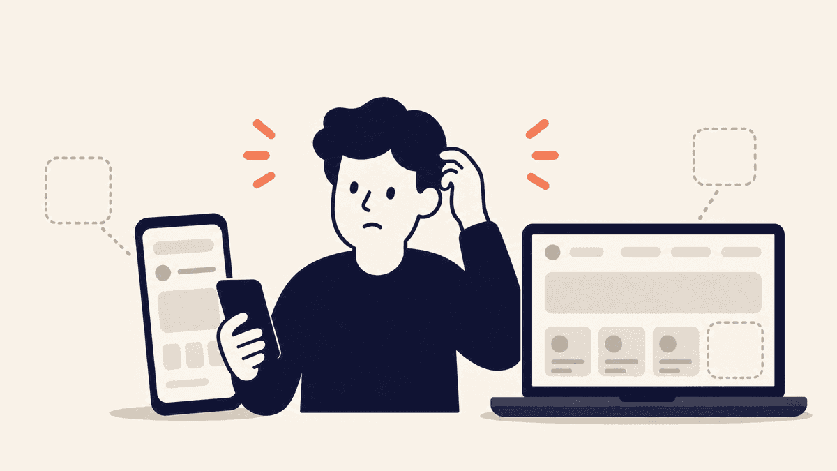 スマートフォンとパソコンのGoogle検索画面でAIモードの入口が見つからず、利用者が困っている様子を表したイラスト。