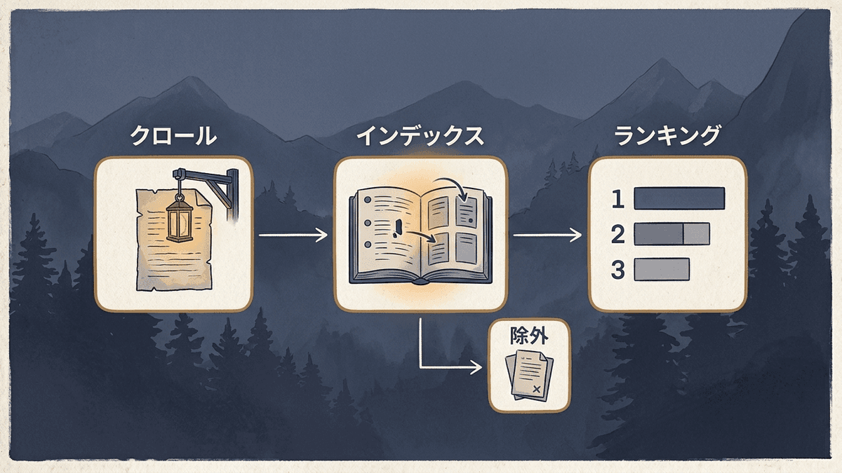 クロールからインデックス、ランキングまでの3段階の流れを示した図
