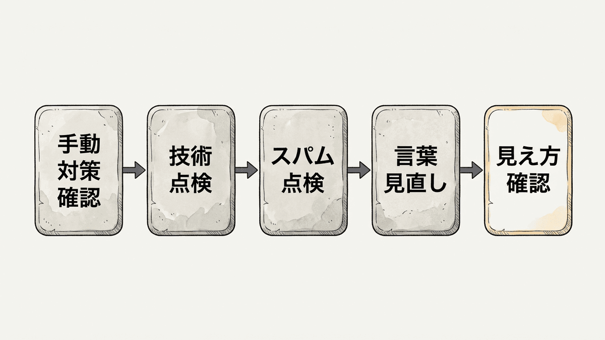 Search Consoleの確認から検索結果の見え方の修正までを5段階で示したフロー図