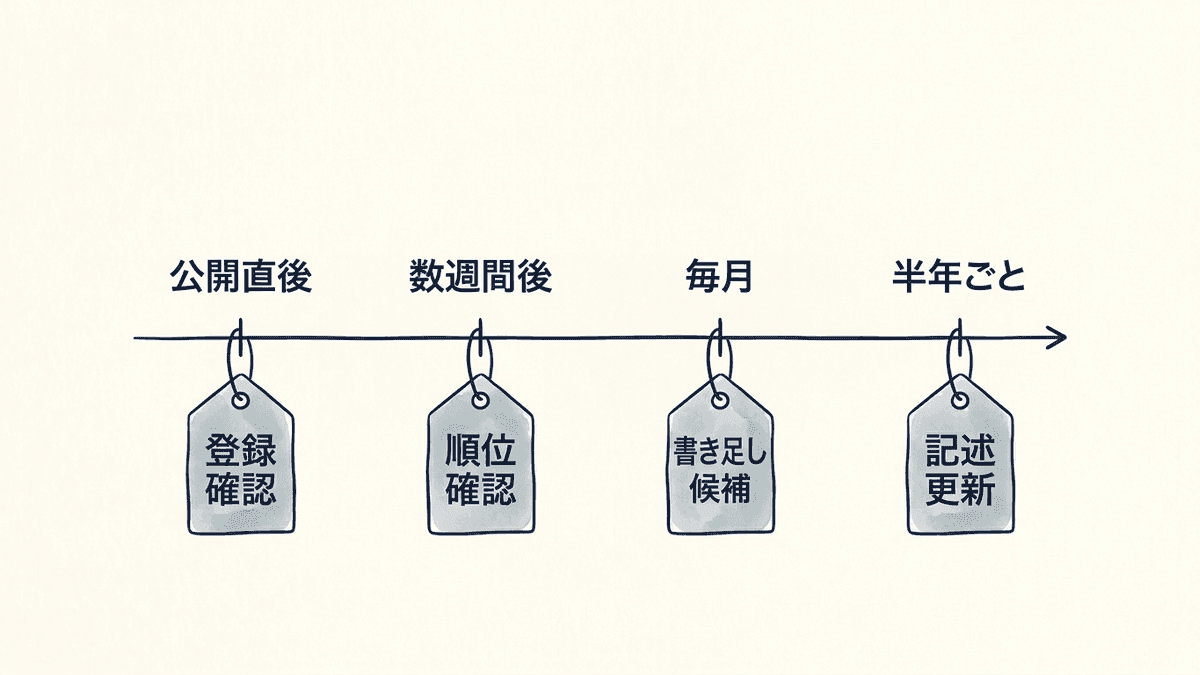 記事の公開後に確かめる時期と内容を時間軸に並べた図