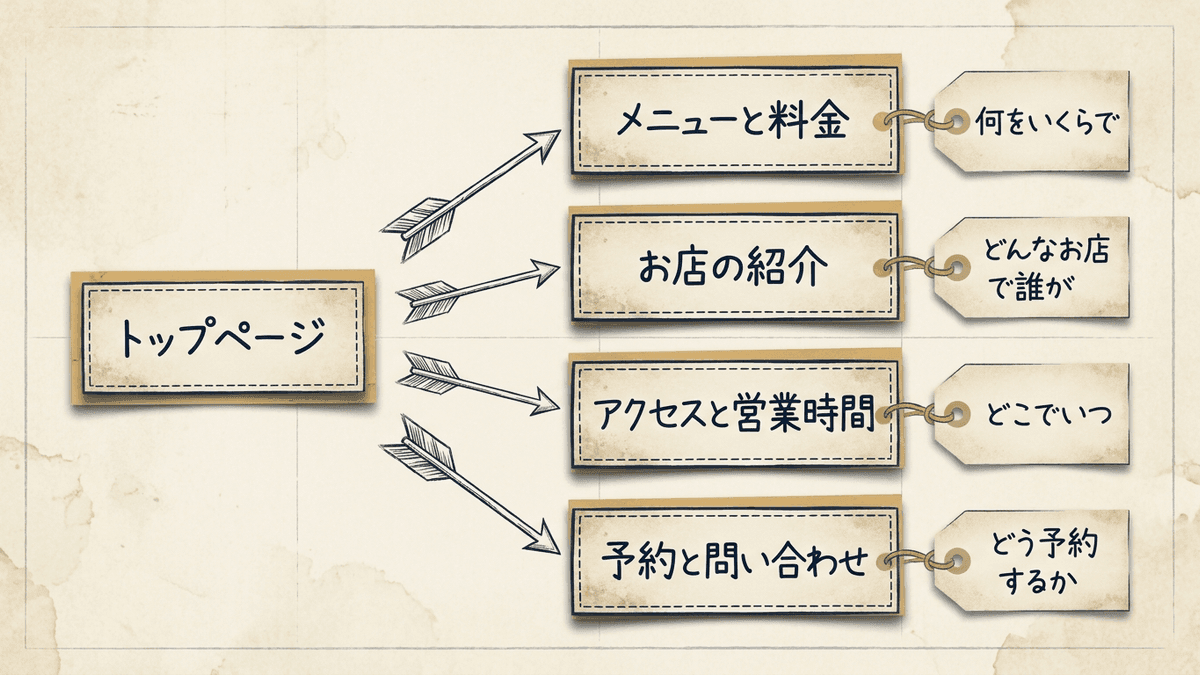 トップページから、お客様の4つの質問に答える4つのページへ矢印が伸びた図