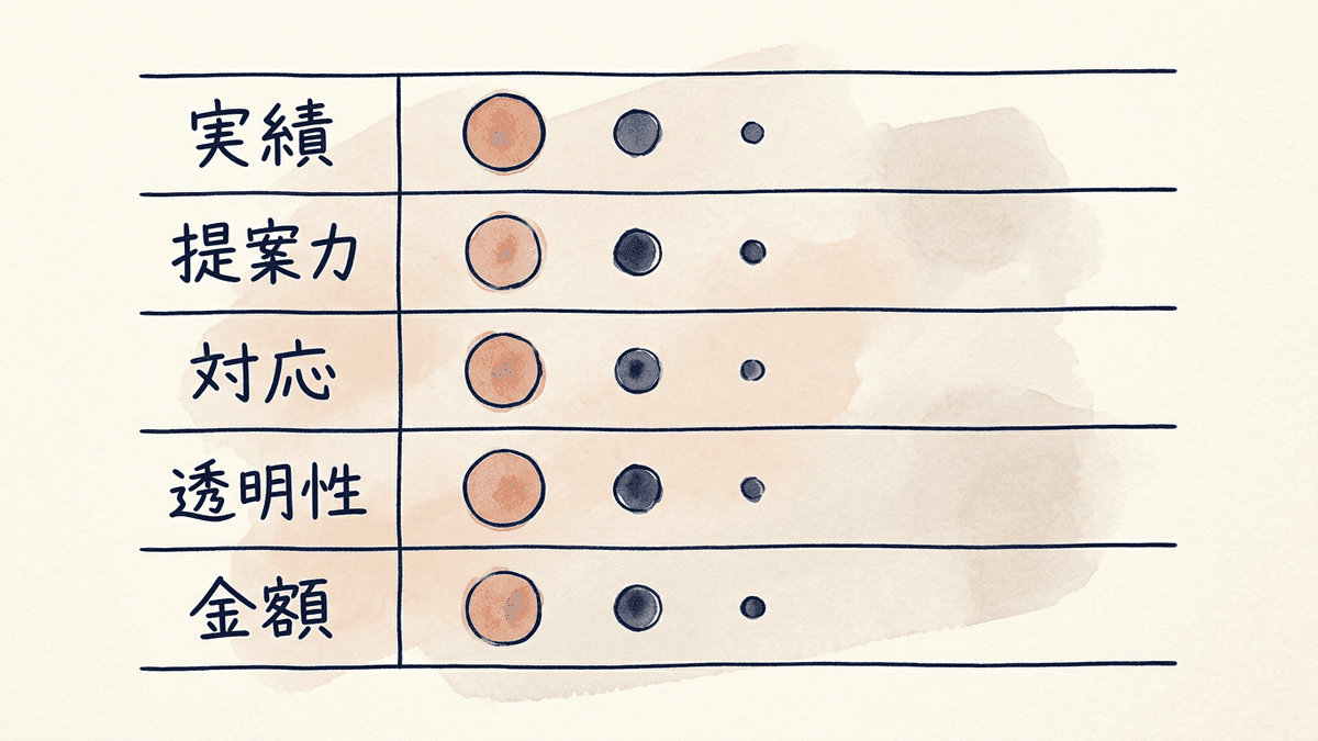 相見積もりで各社の提案を同じ評価軸で点数化して比較する表のイメージ