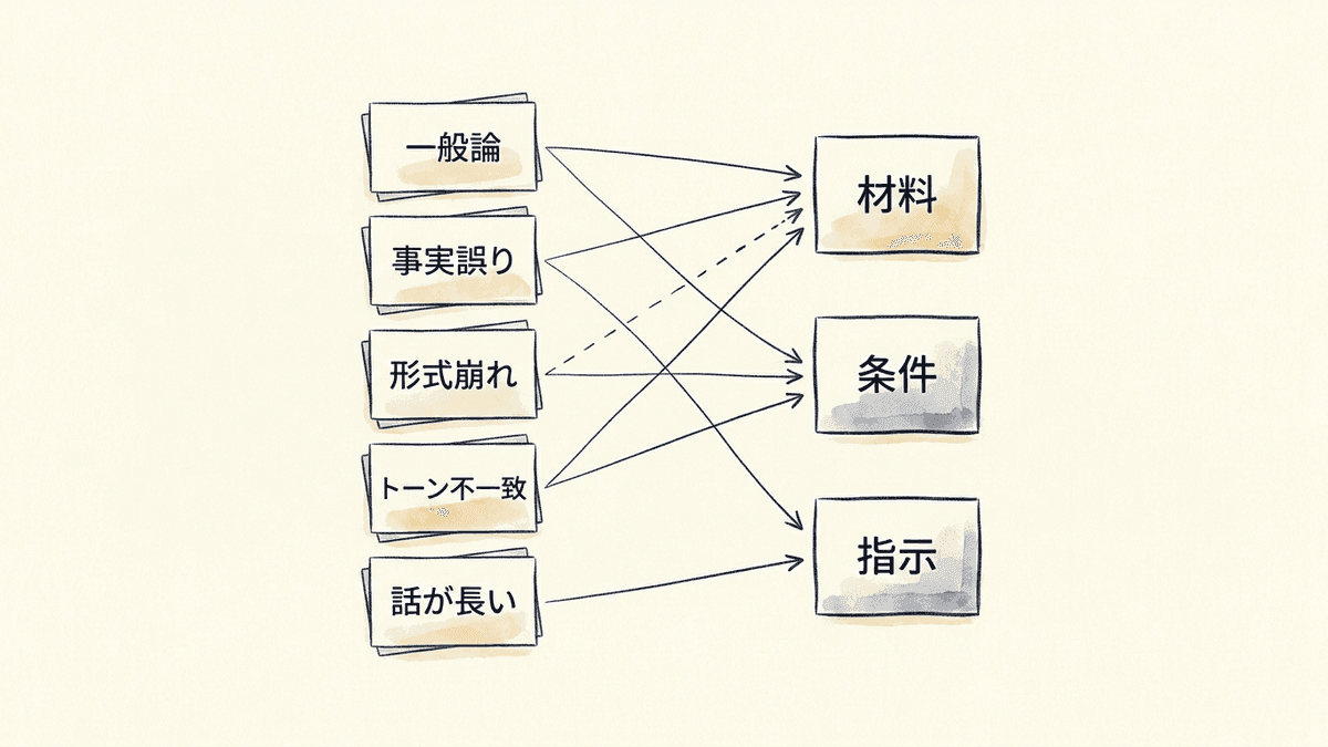 出力に現れた症状と、直すべきブロックの対応図