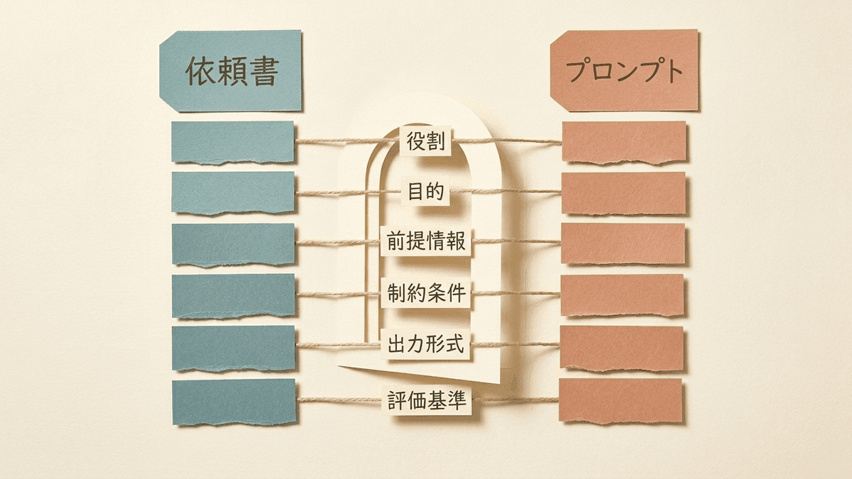 人への作業依頼書と生成AIへのプロンプトを対比した図