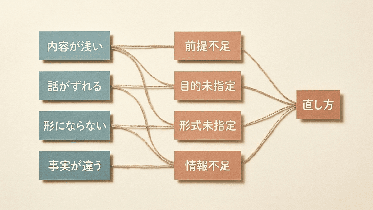 出力の症状から原因と直し方をたどる分岐図