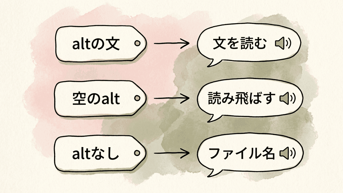 altに文を書いた場合、空にした場合、書かない場合で、読み上げソフトの読み方が変わることを示した図