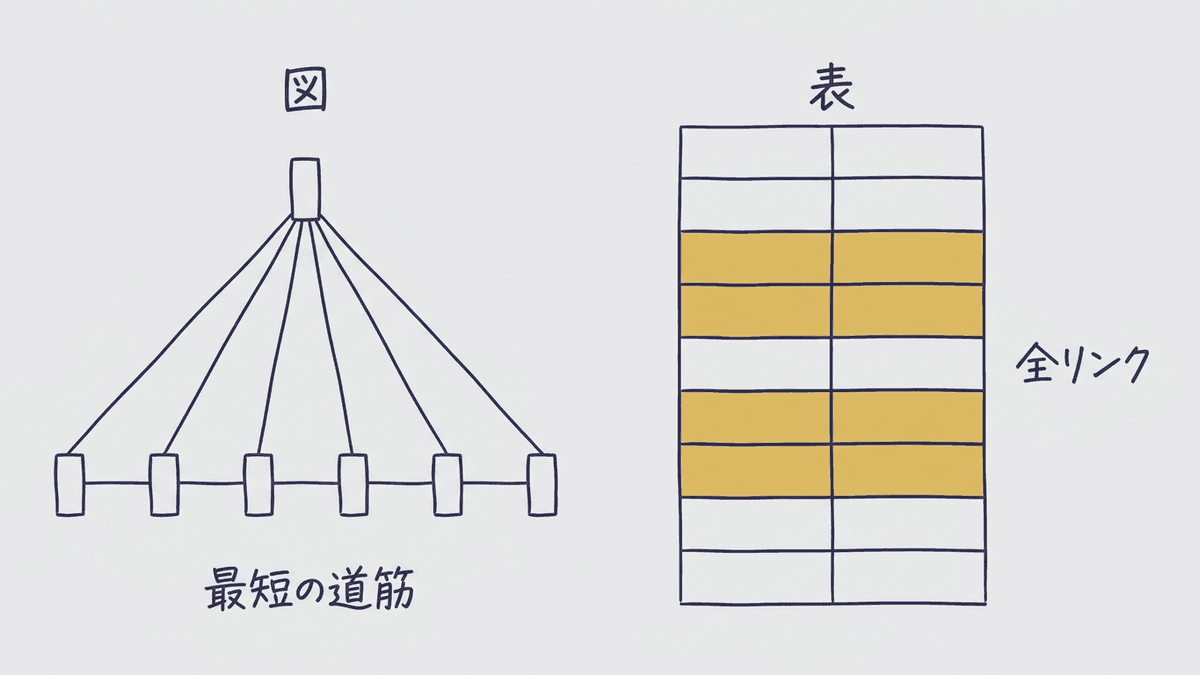 内部リンクの可視化の図が既定では最短の道筋だけを描き、ほかのリンクはクロールの結果の表に残ることを示した図