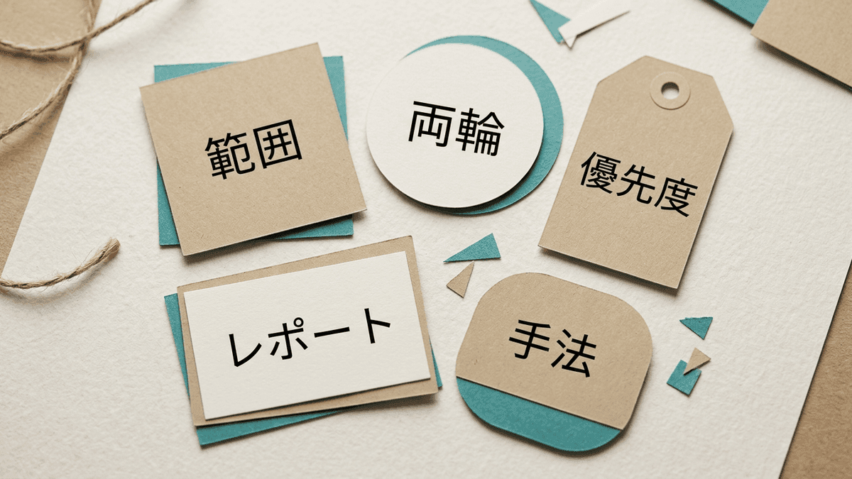 内部SEO代行会社を選ぶ際の観点を、範囲・両輪・優先順位・レポート・手法の五つに整理したマップ