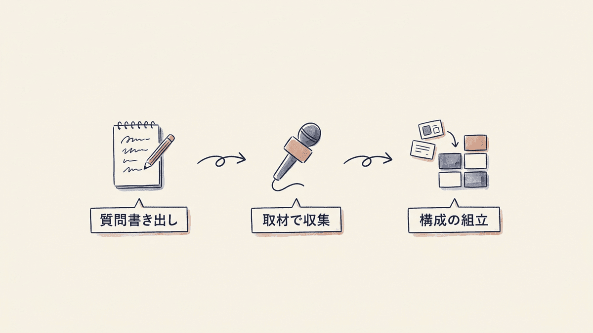 質問リストの作成から取材、構成の組み立てへ進む順序を示した図解