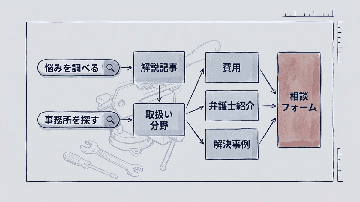 法律事務所のサイトで、解説記事から取扱い分野のページ、費用と弁護士紹介のページを経て相談フォームへつながるページ構成の図
