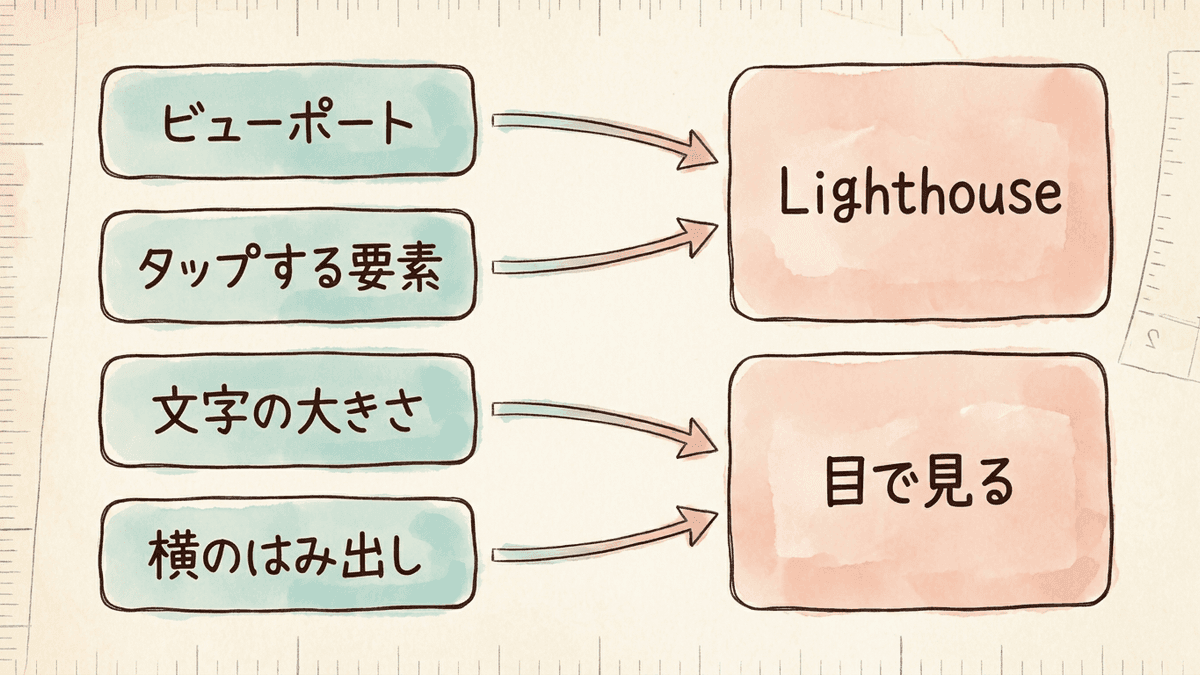 モバイルフレンドリーテストが見ていた4つの項目と、今確かめる手段の対応を示した図