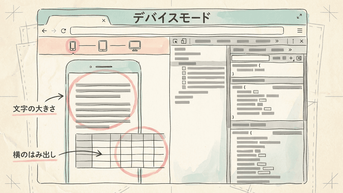 パソコンのChromeでデバイスモードを開き、ページをスマホの幅で表示した画面