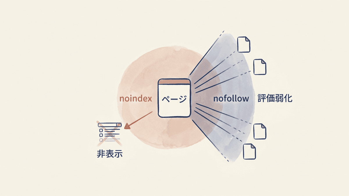 noindexとnofollowの効果範囲の違いを示す図解