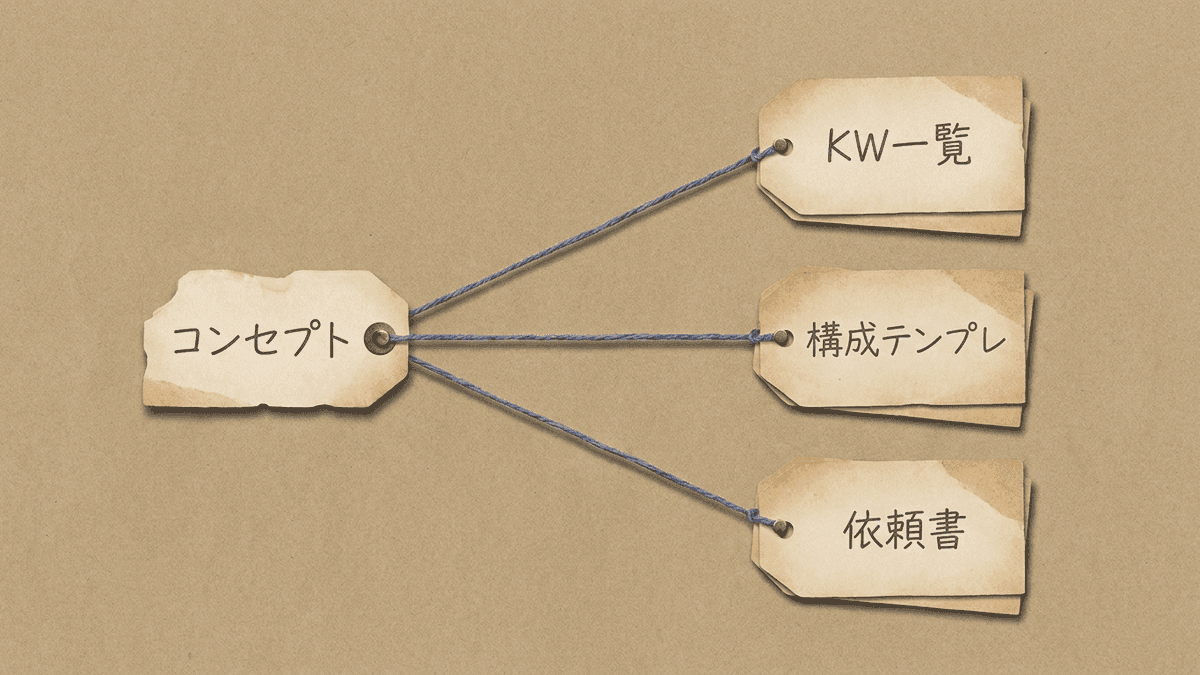 コンセプトがキーワード選定・記事構成・執筆依頼へ接続される流れの図