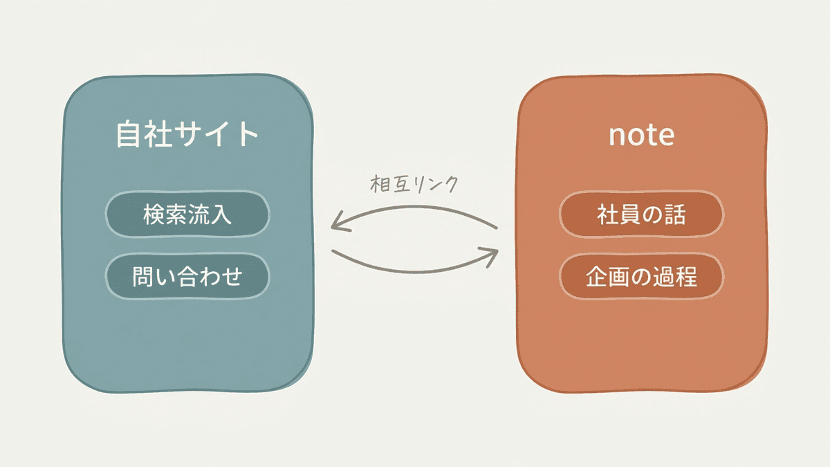 自社サイトとnoteの役割分担を示した図