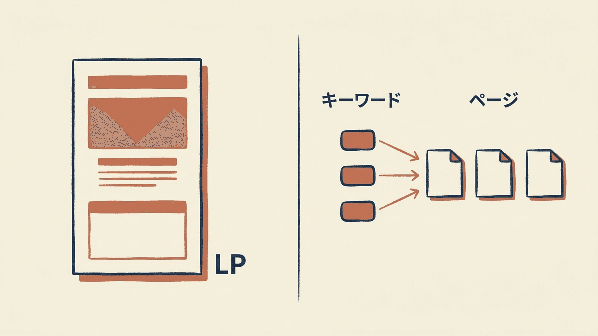 LPはページの形、PLPはキーワードとページの対応を指すことの図解