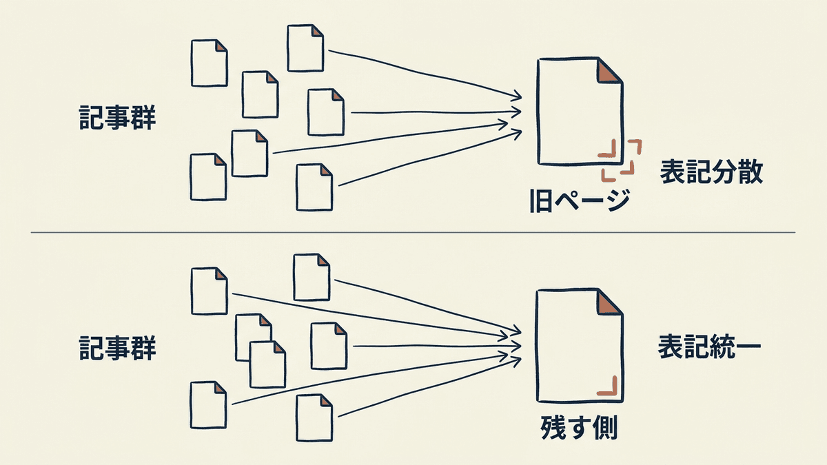 サイト内リンクとURLの表記を残す側へ寄せる前後の比較