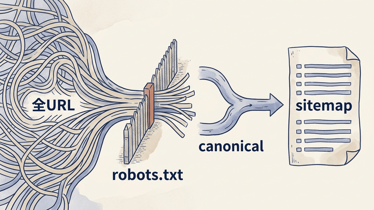 サイトで作られたすべてのURLから、robots.txtで止めるURLとcanonicalでまとめるURLを除き、残った正規のURLをsitemapに載せる流れの図