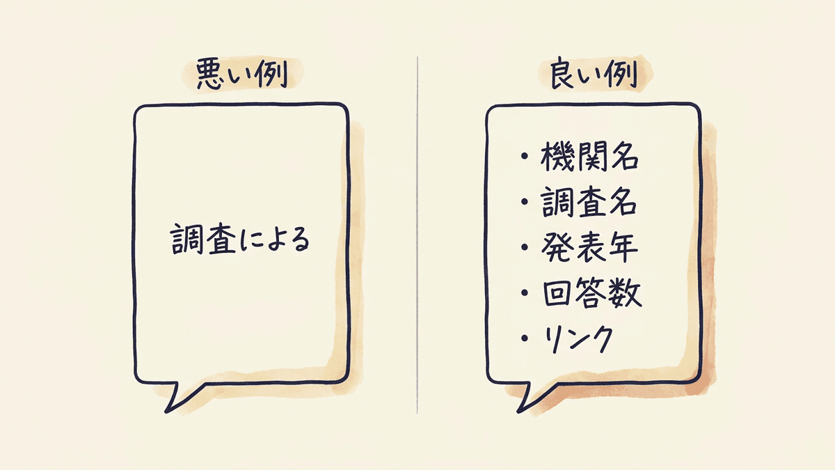 出典表記が不十分な書き方と、条件まで添えた書き方を並べた比較図